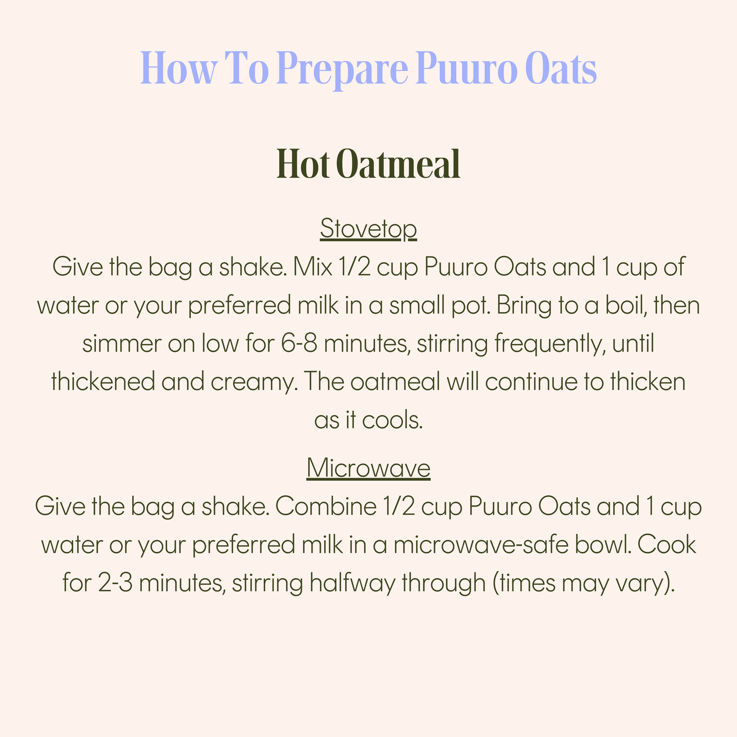 Instructions on how to prepare Puuro Oats as hot oatmeal