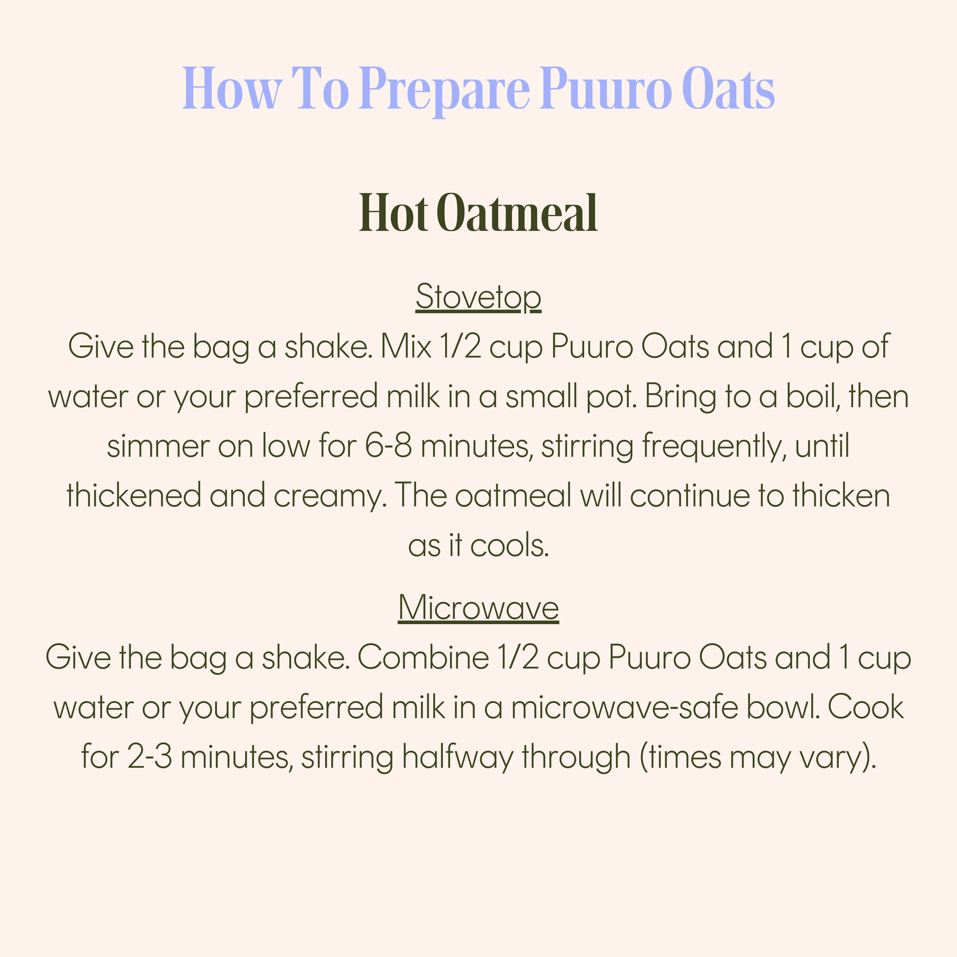 Instructions on how to prepare Puuro Oats as hot oatmeal